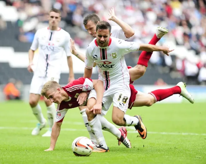 Framed Print : Penalty Dispute: Joe Bryan vs. Kay and Baldock (MK Dons)