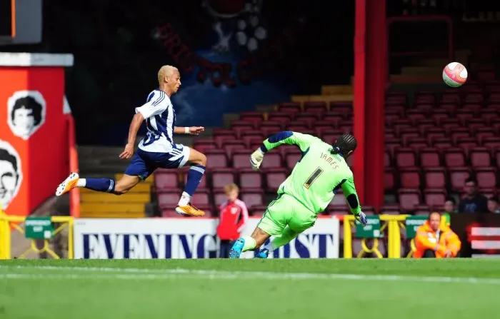 Framed Print : Peter Odemwingie's Epic Goal Over David James and the Crossbar: Bristol City vs. West Brom, Championship 2011