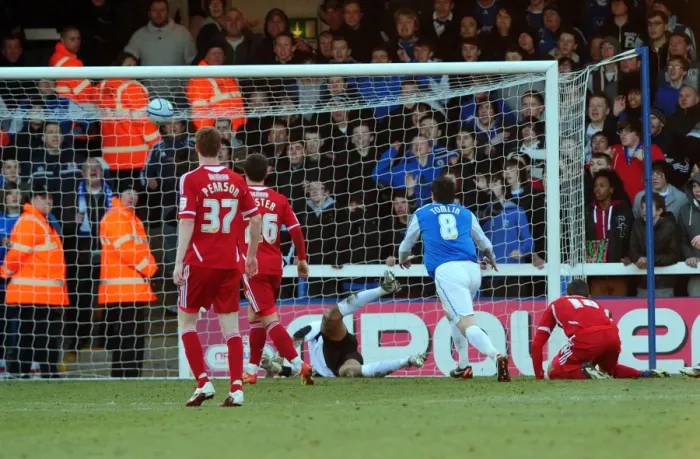 Framed Print : Peterborough's Lee Tomlin Scores Double: Peterborough United vs. Bristol City Football Match, 18 / 02 / 2012