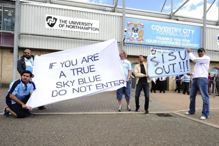 Framed Print : Protesting Coventry Fans Outside Sixfields Stadium During Coventry vs. Bristol City Match Framed Print : Protesting Coventry Fans Outside Sixfields Stadium During Coventry vs. Bristol City Match