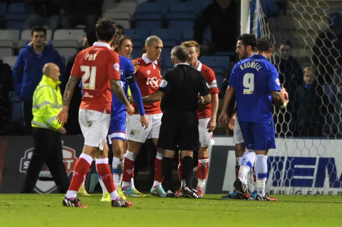 Framed Print : Protesting the Penalty: Adam El-Abd of Bristol City at Gillingham's Priestfield Stadium, FA Cup Round One