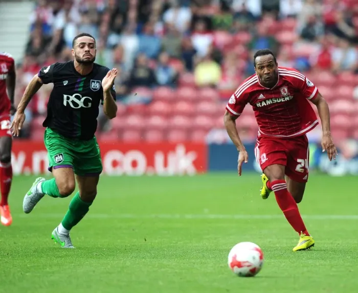 Framed Print : Race for the Ball: Derrick Williams vs Emilio Nsue in Middlesbrough vs Bristol City Championship Clash Framed Print : Race for the Ball: Derrick Williams vs Emilio Nsue in Middlesbrough vs Bristol City Championship Clash