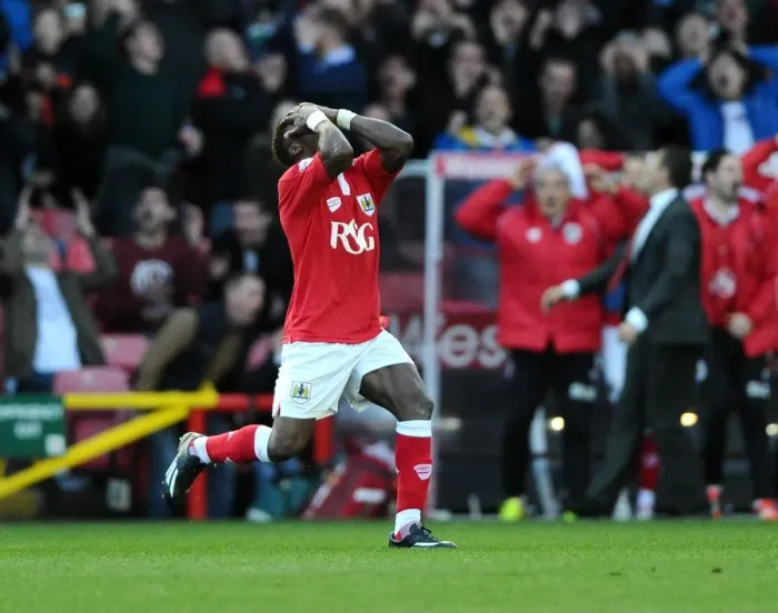 Framed Print : Reaction: Agard's Long-Range Shot Narrowly Misses Target for Bristol City against Oldham Athletic