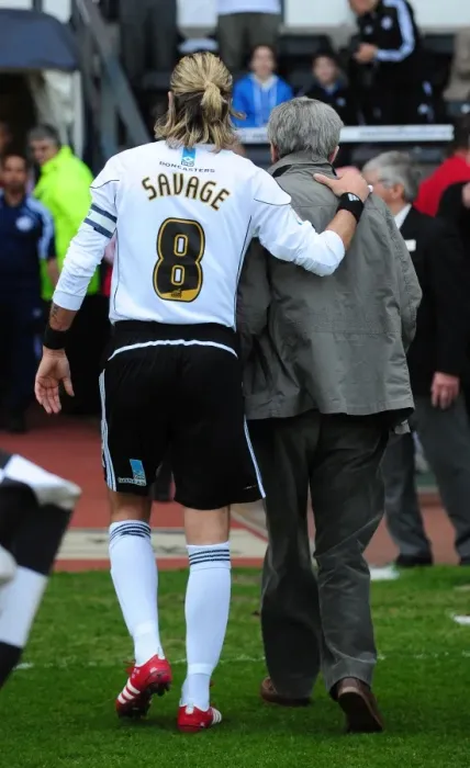 Framed Print : Robbie Savage's Emotional Farewell: A Father-Son Moment at Pride Park (Derby County vs. Bristol City, 2011)
