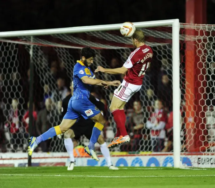 Framed Print : Scott Wagstaff's Dramatic Headed Goal for Bristol City vs Shrewsbury Town, Sky Bet League One