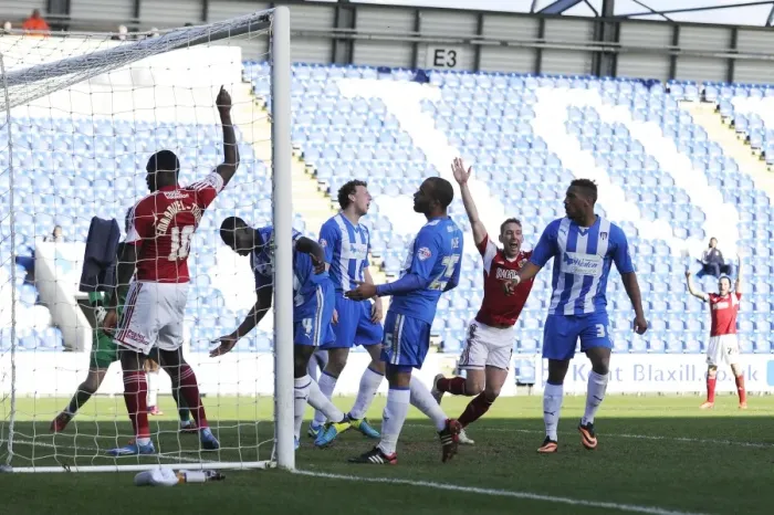 Framed Print : Scott Wagstaff's Goal Celebration: Colchester United vs. Bristol City, Sky Bet League One (2014)