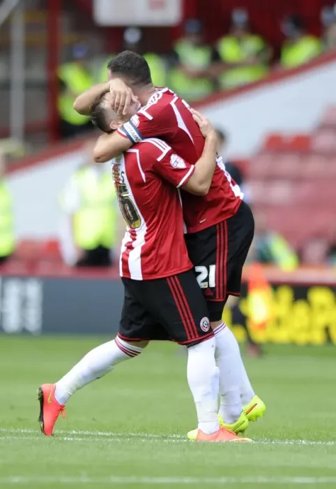 Framed Print : Sheffield United's Michael Higdon and Ben Davis Celebrate Goal on Opening Day of League One: Sheffield United vs. Bristol City (August 9, 2014)