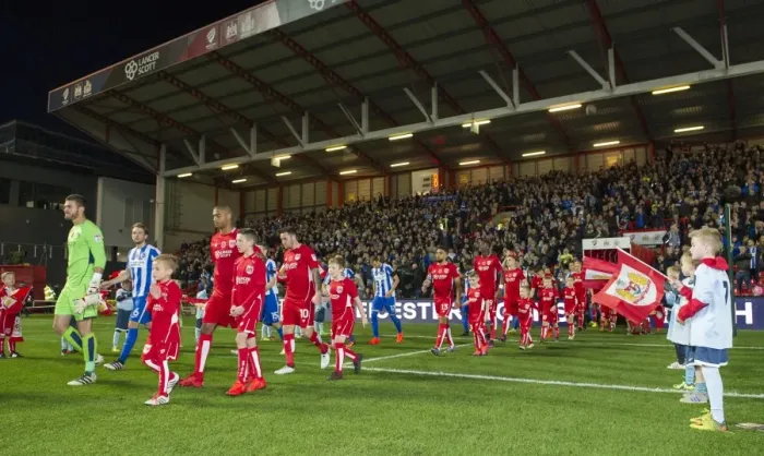 Framed Print : Sky Bet Championship: Bristol City vs Brighton and Hove Albion - Players and Mascots on Ashton Gate Pitch Framed Print : Sky Bet Championship: Bristol City vs Brighton and Hove Albion - Players and Mascots on Ashton Gate Pitch