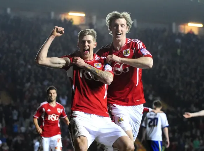 Framed Print : Stead and Woolford's Euphoric Goal Celebration: Bristol City vs. Cardiff City (2012) Framed Print : Stead and Woolford's Euphoric Goal Celebration: Bristol City vs. Cardiff City (2012)