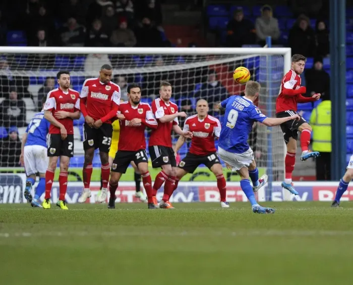 Framed Print : Stead's Missed Free-Kick: Oldham Athletic vs. Bristol City, 08-02-2014