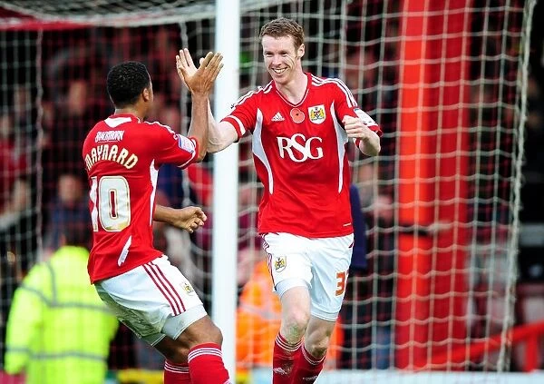 Stephen Pearson Scores on Debut: Nicky Maynard Celebrates with Him - Bristol City vs Burnley, Championship 2011