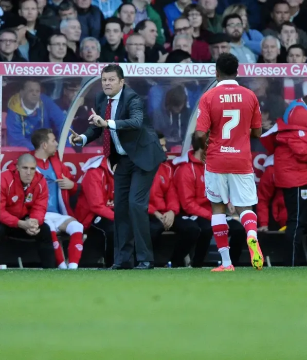 Framed Print : Steve Cotterill Gives Instructions to Korey Smith Before Scoring Free Kick: Bristol City vs Oldham Athletic, Sky Bet League One, 2014