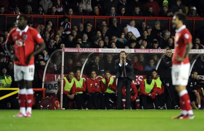 Framed Print : Steve Cotterill Shouts Instructions during Bristol City vs Bradford City Football Match, October 2014