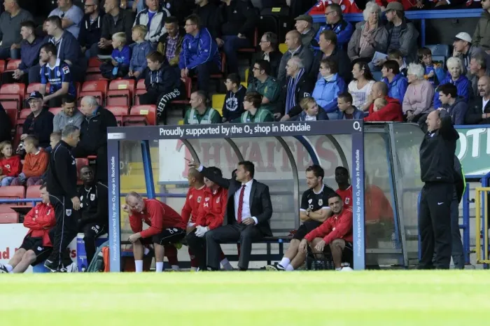Framed Print : Steve Cotterill Shouts Instructions from the Sideline: Rochdale AFC vs. Bristol City, Sky Bet League One