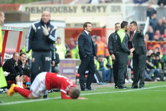 Framed Print : Steve Cotterill's Heated Argument with Fourth Official during Swindon Town vs. Bristol City Match