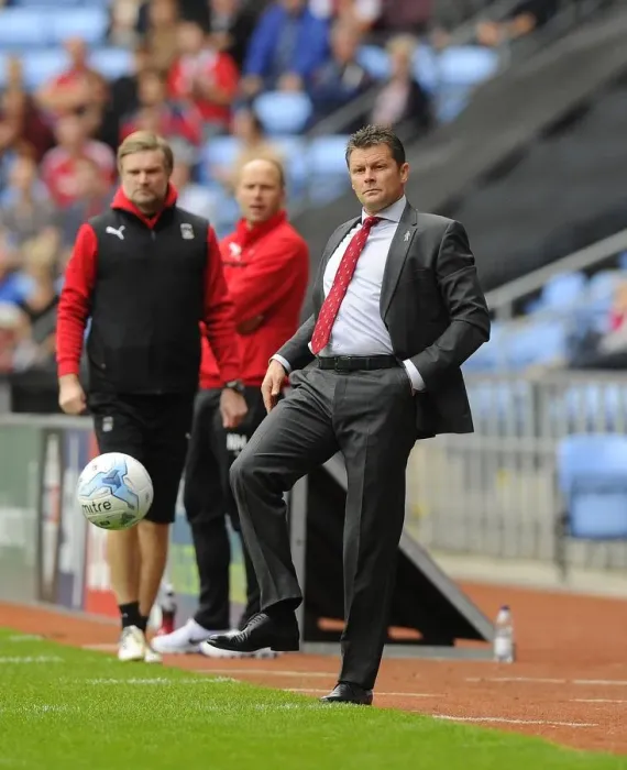 Framed Print : Steve Cotterill's Passionate Moment: Kicking the Ball in Intense Sky Bet League One Clash between Coventry City and Bristol City, October 18, 2014 Framed Print : Steve Cotterill's Passionate Moment: Kicking the Ball in Intense Sky Bet League One Clash between Coventry City and Bristol City, October 18, 2014