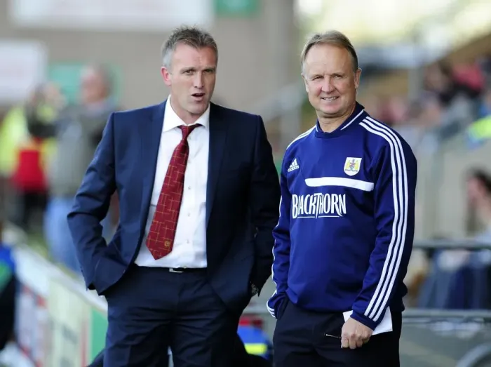 Framed Print : Steve Davis and Sean O'Driscoll: A Pre-Match Conversation between Managers at Crewe Alexandra's Alexandra Stadium (Crewe V Bristol City, 2013)