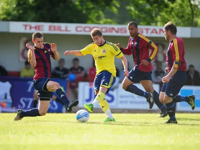 Framed Print : Steven Davies Scores in Bristol City's Pre-Season Victory Against Ashton and Backwell United Framed Print : Steven Davies Scores in Bristol City's Pre-Season Victory Against Ashton and Backwell United