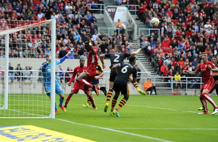 Framed Print : Tammy Abraham Faces Off Against Ciaran Clark in Intense Moment at Ashton Gate: Bristol City vs Newcastle United, 2016