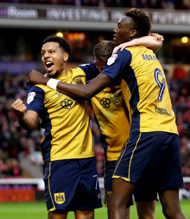 Framed Print : Tammy Abraham's Dramatic Goal: Celebrating with Joe Bryan and Korey Smith for Bristol City at Barnsley Framed Print : Tammy Abraham's Dramatic Goal: Celebrating with Joe Bryan and Korey Smith for Bristol City at Barnsley