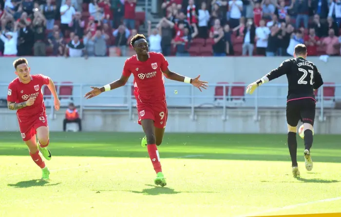 Framed Print : Tammy Abraham's Euphoric Goal Celebration: Bristol City vs. Wolverhampton Wanderers (08-04-2017)