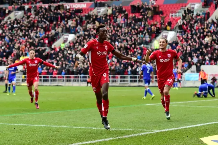 Framed Print : Tammy Abraham's Euphoric Goal Celebration: A Thrilling Moment at Ashton Gate (Bristol City vs. Cardiff City, January 14, 2017)