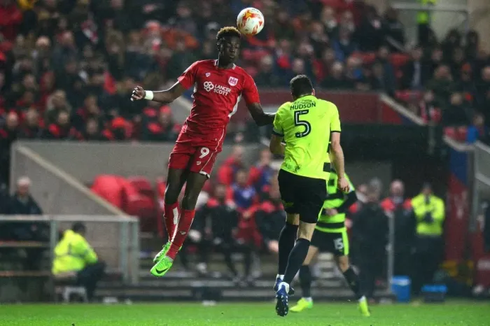 Framed Print : Tammy Abraham's Header: A Pivotal Moment in Bristol City vs. Huddersfield Town Championship Clash