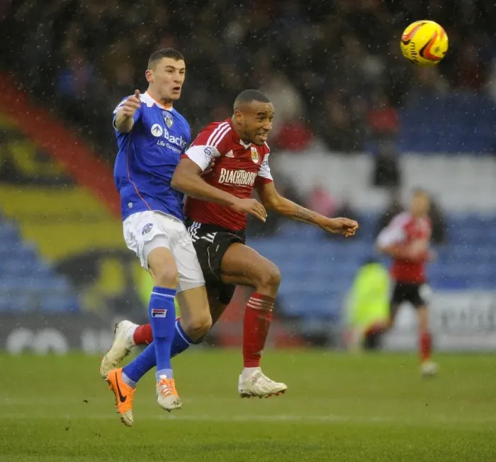 Framed Print : Tense Moment: Wilson's Header for Oldham Against Bristol City, February 2014 Framed Print : Tense Moment: Wilson's Header for Oldham Against Bristol City, February 2014