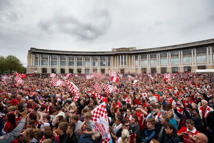 Framed Print : Thousands Celebrate: Bristol City's Double Title Victory Parade in Lloyds Amphitheatre Framed Print : Thousands Celebrate: Bristol City's Double Title Victory Parade in Lloyds Amphitheatre