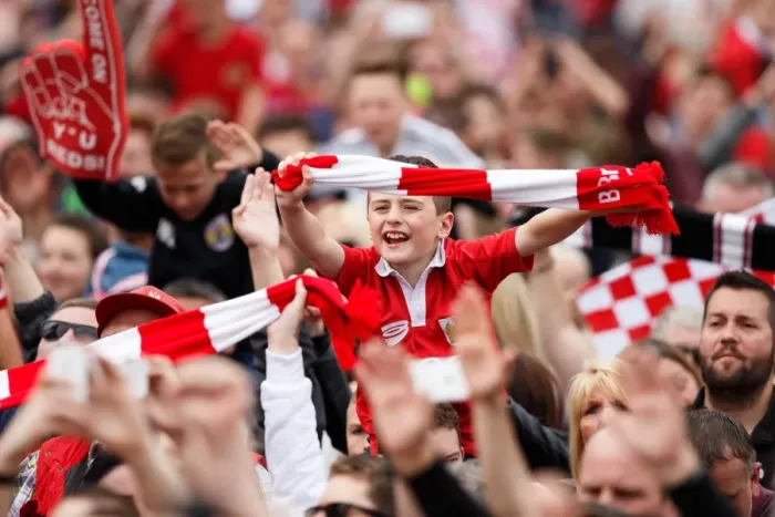 Framed Print : Thousands Celebrate: Bristol City's Double Title Win and Promotion to Championship in Epic Bus Parade