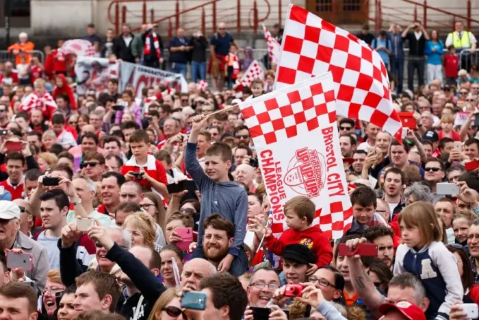 Framed Print : Thousands of Ecstatic Fans Pack Lloyds Amphitheatre for Bristol City's Championship Promotion Parade