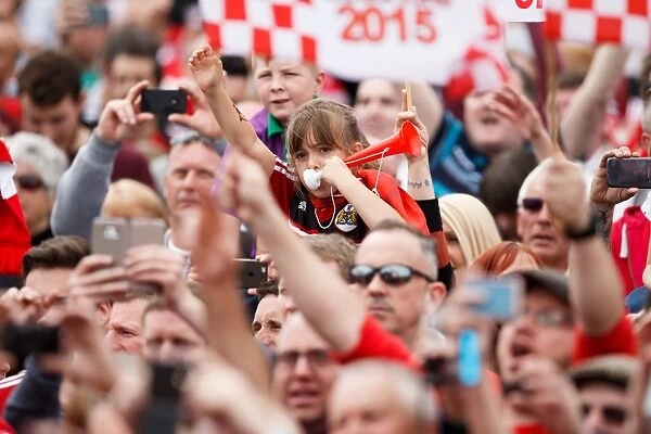 Thousands of fans pack Lloyds Amphitheatre during the Bristol City open top bus parade to celebrate winning both