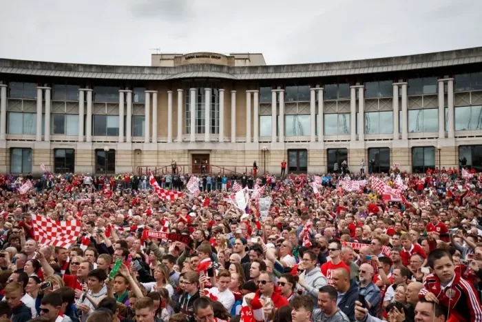 Framed Print : Thousands Rejoice: Bristol City's Championship Promotion Parade - A Sea of Celebration Framed Print : Thousands Rejoice: Bristol City's Championship Promotion Parade - A Sea of Celebration