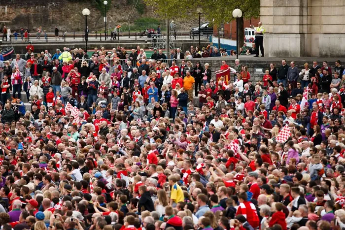 Framed Print : Thousands Rejoice: Bristol City's Championship Promotion Parade - A Sea of Celebration in Bristol Framed Print : Thousands Rejoice: Bristol City's Championship Promotion Parade - A Sea of Celebration in Bristol