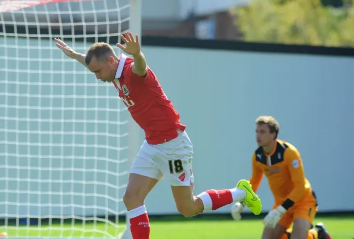 Framed Print : Thrilling Goal Celebration: Aaron Wilbraham's Memorable Moment at Ashton Gate (Bristol City vs Colchester United, Sky Bet League One, 2014)