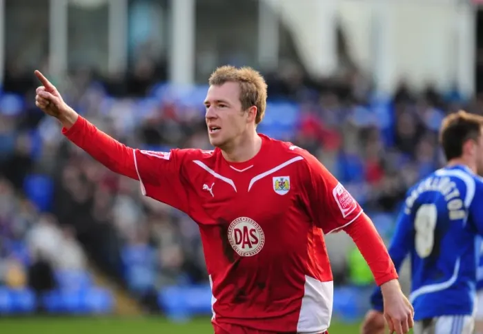 Framed Print : Thrilling Goal Celebration: David Clarkson's Strike for Bristol City in Peterborough Championship Match (2010)