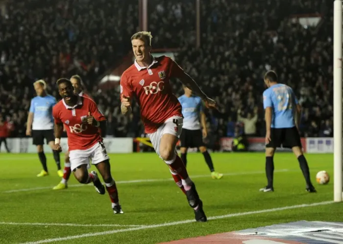 Framed Print : Thrilling Goal Celebration: Aden Flint's Strike for Bristol City Against Bradford City, October 2014 Framed Print : Thrilling Goal Celebration: Aden Flint's Strike for Bristol City Against Bradford City, October 2014