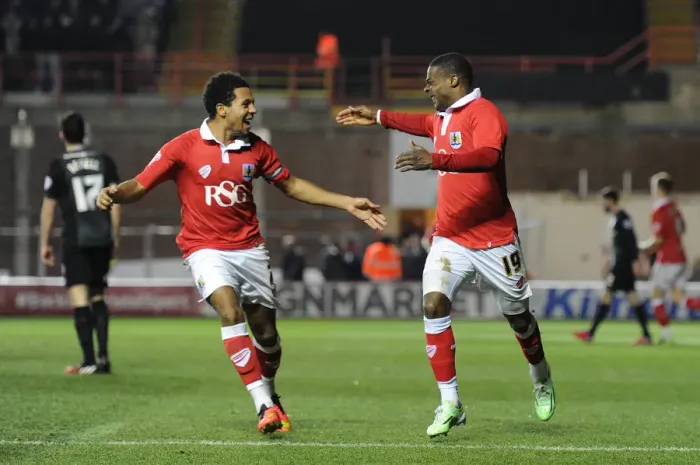 Framed Print : Thrilling Goal Celebration: Agard and Smith's Unforgettable Moment at Ashton Gate