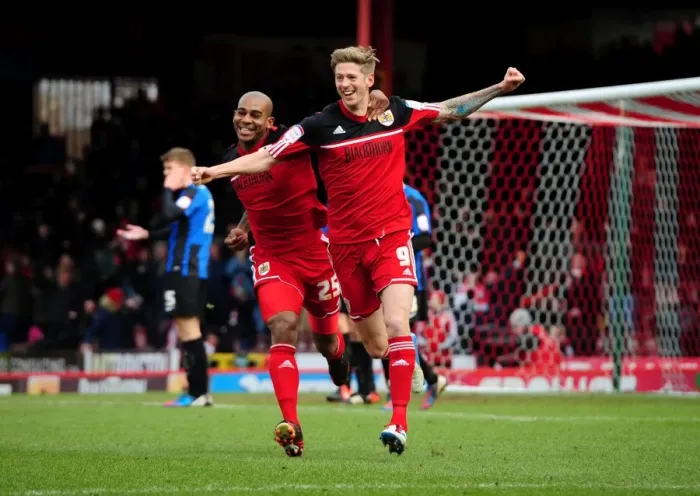 Framed Print : Thrilling Goal Celebration: Stead and Elliott's Unforgettable Moment at Ashton Gate (Bristol City vs. Barnsley, Npower Championship, 2013) Framed Print : Thrilling Goal Celebration: Stead and Elliott's Unforgettable Moment at Ashton Gate (Bristol City vs. Barnsley, Npower Championship, 2013)