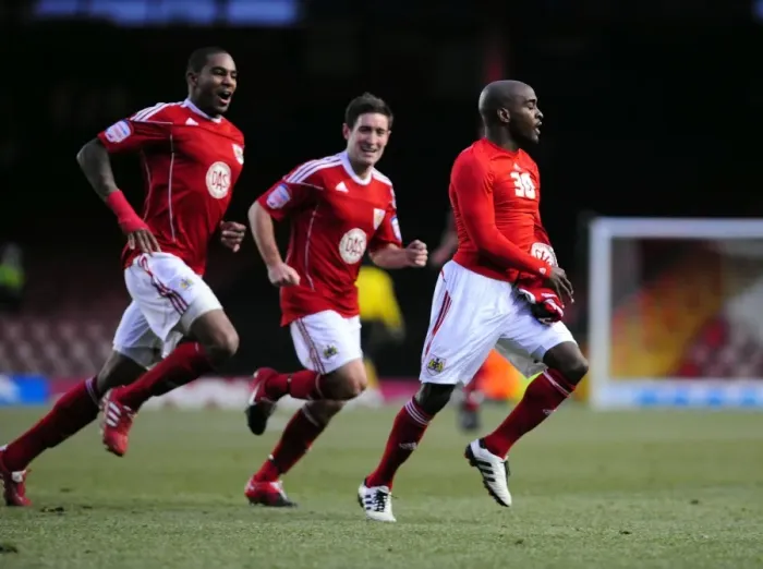 Framed Print : Thrilling Goal: Jamal Campbell-Ryce's Euphoric Celebration vs. Cardiff City (Championship Match, Ashton Gate Stadium, January 1, 2011)