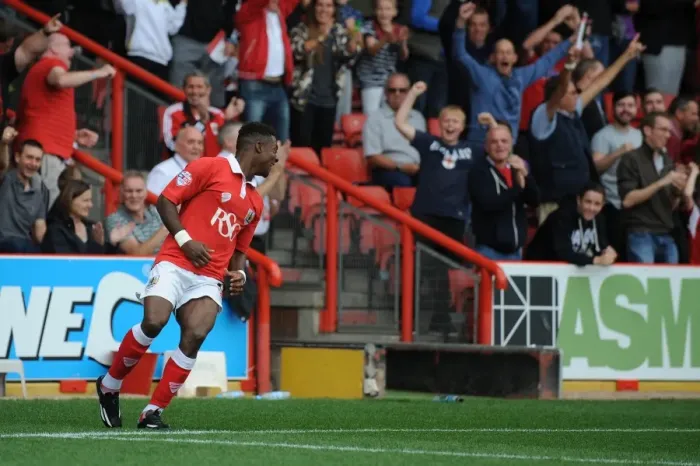 Framed Print : Thrilling Goal: Kieran Agard Scores Amidst Ecstatic Bristol City Fans vs. MK Dons (September 27, 2014)
