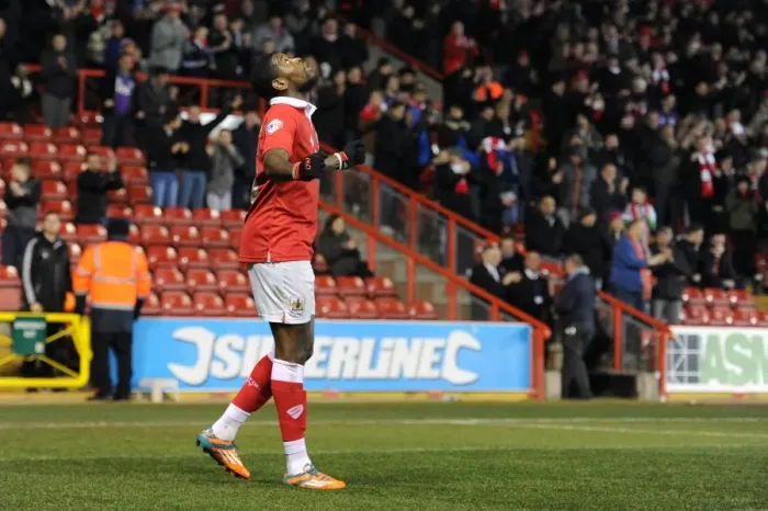Framed Print : Thrilling Moment: Jay Emmanuel-Thomas's Goal Celebration for Bristol City in Sky Bet League One Match against Port Vale (2015) Framed Print : Thrilling Moment: Jay Emmanuel-Thomas's Goal Celebration for Bristol City in Sky Bet League One Match against Port Vale (2015)