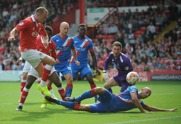 Framed Print : Thrilling Moment: Aaron Wilbraham Scores for Bristol City against Doncaster Rovers, September 13, 2014