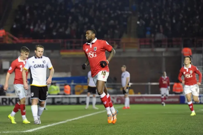 Framed Print : Thrilling Moment: Jay Emmanuel-Thomas's Goal Celebration (Bristol City vs Port Vale, Sky Bet League One, 10 February 2015) Framed Print : Thrilling Moment: Jay Emmanuel-Thomas's Goal Celebration (Bristol City vs Port Vale, Sky Bet League One, 10 February 2015)