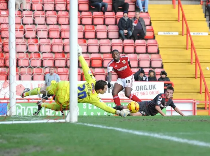 Framed Print : Thrilling Save: Greg Fleming Denies Jay Emmanuel-Thomass at Ashton Gate, 2014
