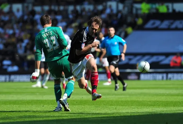 Framed Print : Thwarted Goal: Brett Pitman's Dramatic Near-Miss Against Derby County in the Championship Showdown, April 2011