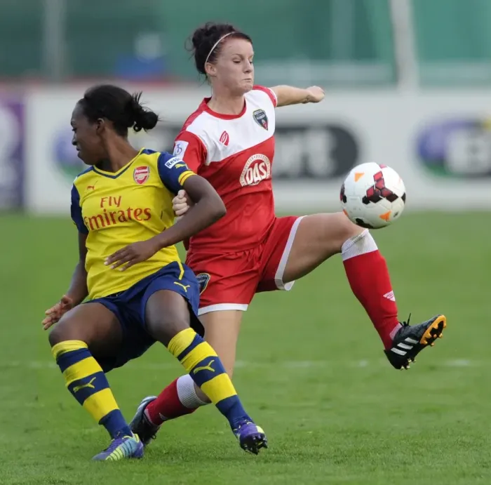 Framed Print : Tight Battle: Jasmine Matthews vs. Danielle Carter - FA Womens Super League: Bristol Academy vs. Arsenal Ladies Framed Print : Tight Battle: Jasmine Matthews vs. Danielle Carter - FA Womens Super League: Bristol Academy vs. Arsenal Ladies
