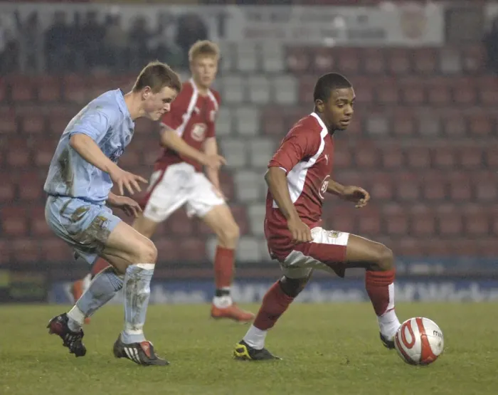 Framed Print : Tristan Plummer: In Action for Bristol City U18s Against Manchester City U18s Framed Print : Tristan Plummer: In Action for Bristol City U18s Against Manchester City U18s
