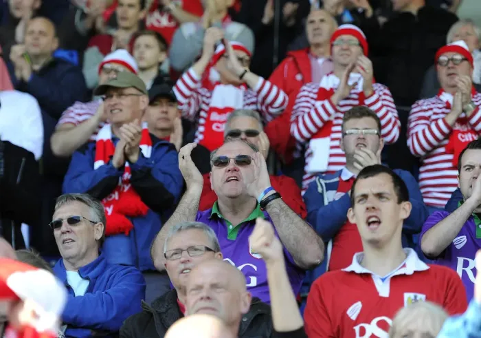 Framed Print : Triumphant Bristol City Fans Celebrate at Proact Stadium during Chesterfield vs. Bristol City Football Match, League One, 2015