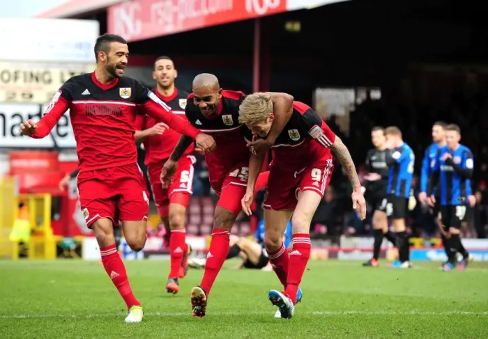 Framed Print : Triumphant Moment: Jon Stead, Marvin Elliott, and Liam Fontaine's Euphoric Celebration after Bristol City's Npower Championship Win against Barnsley Framed Print : Triumphant Moment: Jon Stead, Marvin Elliott, and Liam Fontaine's Euphoric Celebration after Bristol City's Npower Championship Win against Barnsley
